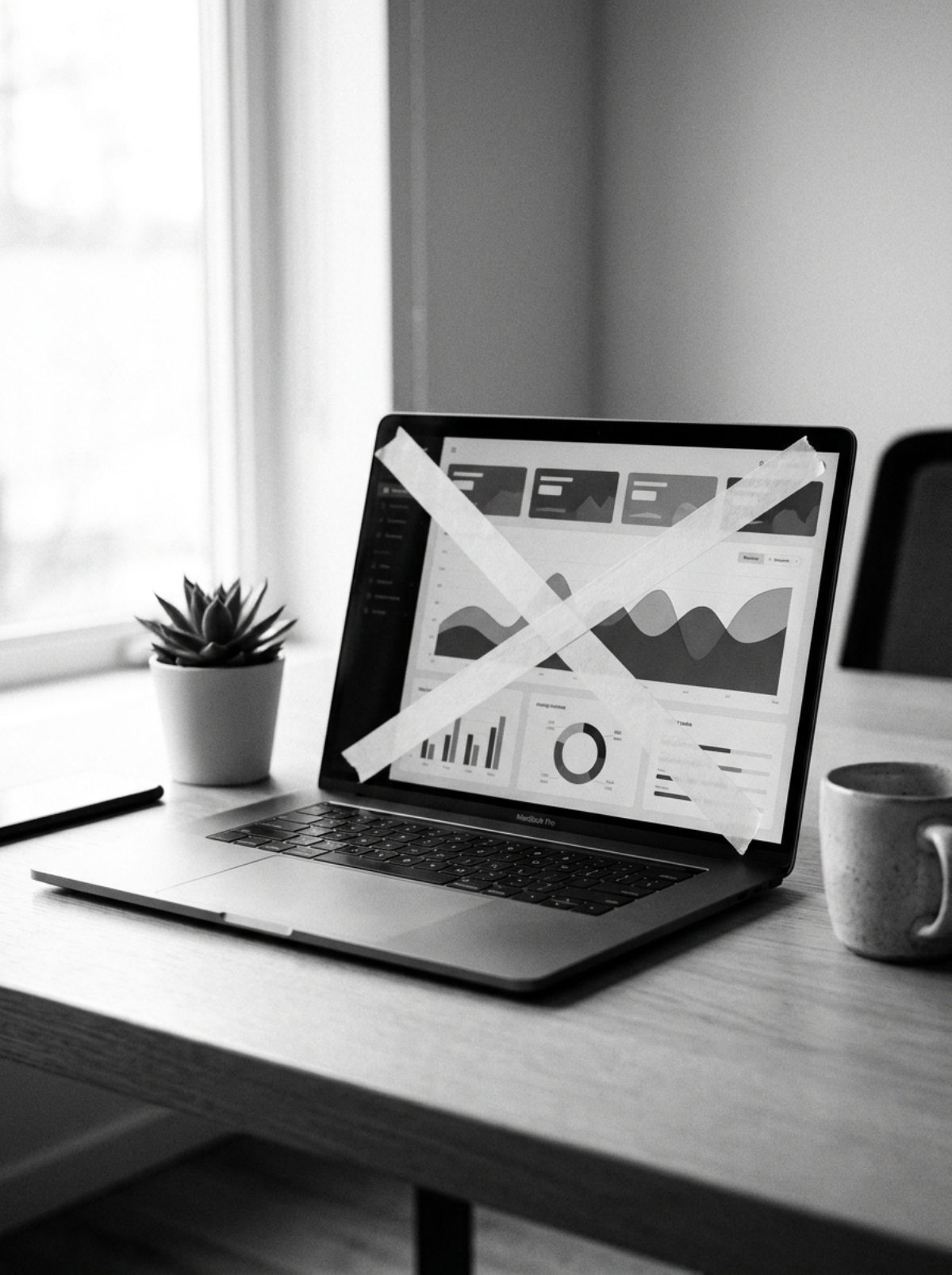 A laptop on a bright modern desk showing a typical data analysis dashboard, crossed out with two strips of white tape forming a large X — black and white photograph