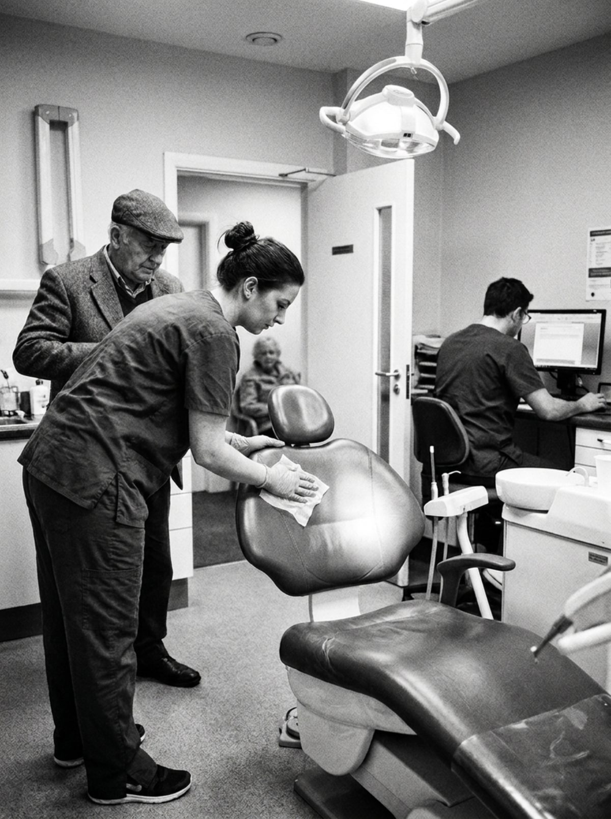 Inside a busy dental surgery — the nurse in grey scrubs wipes the chair down with a clinical wipe the moment the patient stands up, while the dentist in black scrubs is already back-turned typing notes at the computer, the next patient waiting outside the door — black and white photograph
